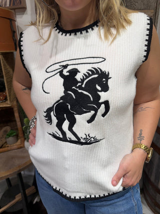 Western Roping Horse Sweater Vest for Women – Black & White Cowboy Knit Sleeveless Top - Barbwire n Bougie Boutique
