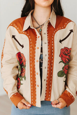 Western Saddle & Rose Button Down Shirt – Cream & Rust Cowgirl Graphic Top with Vintage Rodeo Style - Barbwire n Bougie Boutique