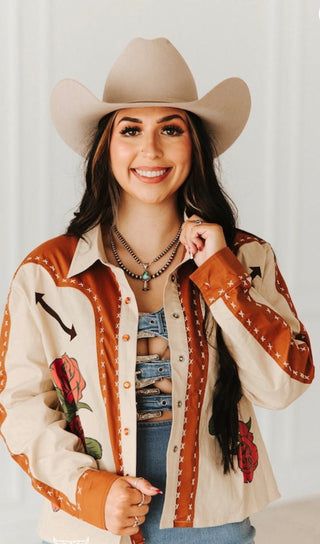 Western Saddle & Rose Button Down Shirt – Cream & Rust Cowgirl Graphic Top with Vintage Rodeo Style - Barbwire n Bougie Boutique