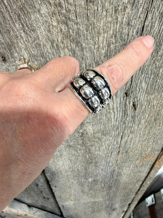 Western Silver Bubble Stretch Ring | Navajo Pearl Style Statement Ring | Adjustable Boho Cowgirl Jewelry - Barbwire n Bougie Boutique