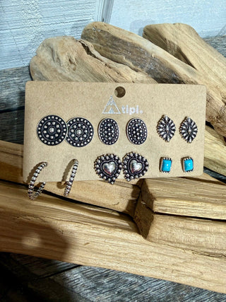 Western Silver Stud Earring Set | Turquoise Concho Heart & Hoop Cowgirl Earrings-6 Pair - Barbwire n Bougie Boutique