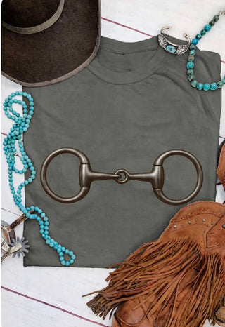 Western Snaffle Bit Graphic T-Shirt | Cowgirl Horse Bit Tee | Olive Western Top - Barbwire n Bougie Boutique