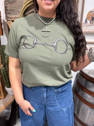 Western Snaffle Bit Graphic T-Shirt | Cowgirl Horse Bit Tee | Olive Western Top - Barbwire n Bougie Boutique