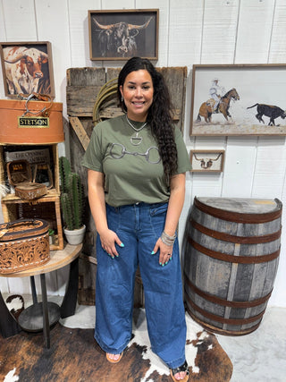 Western Snaffle Bit Graphic T-Shirt | Cowgirl Horse Bit Tee | Olive Western Top - Barbwire n Bougie Boutique