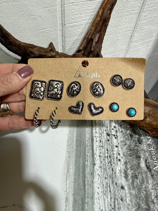 Western Tooled Silver & Turquoise 6 Pair Earring Set - Barbwire n Bougie Boutique