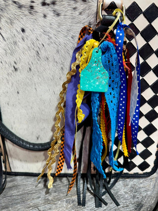 Western Turquoise Concho Purse Charm with Ribbon Fringe | Cowhide Bag Accessory Boho Southwestern Keychain - Barbwire n Bougie Boutique