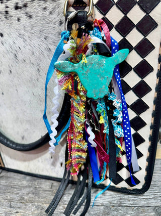 Western Turquoise Concho Purse Charm with Ribbon Fringe | Cowhide Bag Accessory Boho Southwestern Keychain - Barbwire n Bougie Boutique