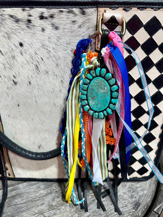 Western Turquoise Concho Purse Charm with Ribbon Fringe | Cowhide Bag Accessory Boho Southwestern Keychain - Barbwire n Bougie Boutique