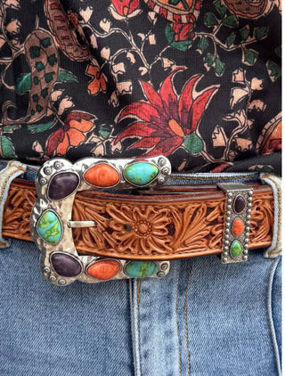 Western Turquoise & Multi-Stone Buckle Set – Cowgirl Statement Belt Buckle Collection - Barbwire n Bougie Boutique