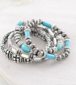 Western Turquoise & Silver Navajo Pearl Stretch Bracelet Stack | Boho Cowgirl Layered Set of 4 - Barbwire n Bougie Boutique