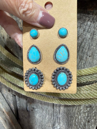 Western Turquoise Trio Stud Earring Set - Barbwire n Bougie Boutique