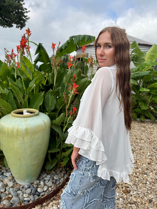 White Bell Sleeve Chiffon High-Low Ruffle Top | White Bow Tie Casual Blouse - Barbwire n Bougie Boutique
