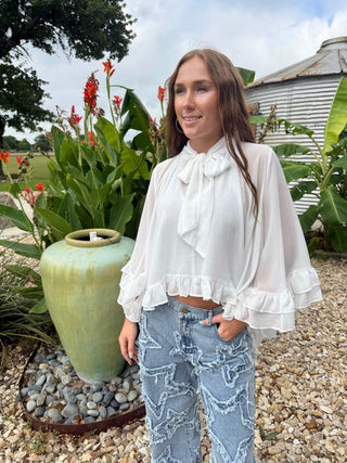 White Bell Sleeve Chiffon High-Low Ruffle Top | White Bow Tie Casual Blouse - Barbwire n Bougie Boutique