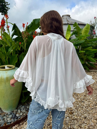 White Bell Sleeve Chiffon High-Low Ruffle Top | White Bow Tie Casual Blouse - Barbwire n Bougie Boutique
