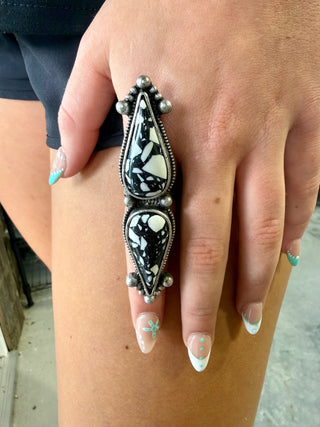 White Buffalo Adjustable Statement Ring – Western Boho Double Stone Ring - Barbwire n Bougie Boutique