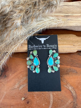 White Water & Sonoran Gold Turquoise Sterling Silver Half Cluster Earrings - Barbwire n Bougie Boutique