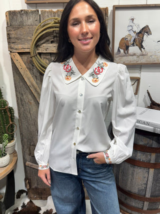 White Western Embroidered Horseshoe Blouse | Cowgirl Button-Up Top - Barbwire n Bougie Boutique