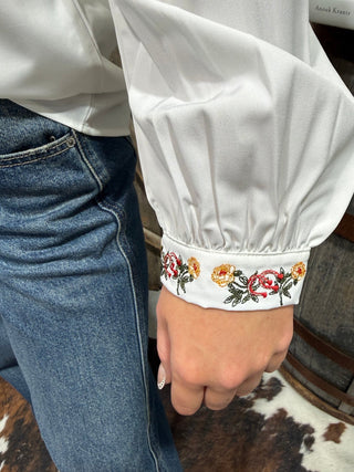White Western Embroidered Horseshoe Blouse | Cowgirl Button-Up Top - Barbwire n Bougie Boutique