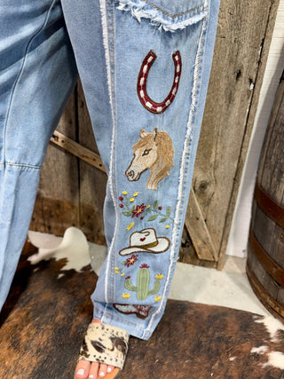 Wild at Heart Embroidered Frayed Western Barrel Jeans - Barbwire n Bougie Boutique