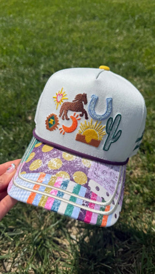 Wild at Heart Western Patchwork Trucker Hat | Colorful Embroidered Cowgirl Cap - Barbwire n Bougie Boutique