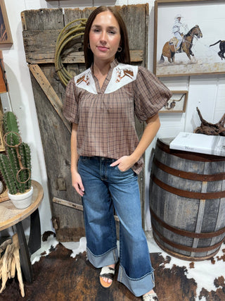Wild Horse Plaid Embroidered Puff Sleeve Top - Barbwire n Bougie Boutique