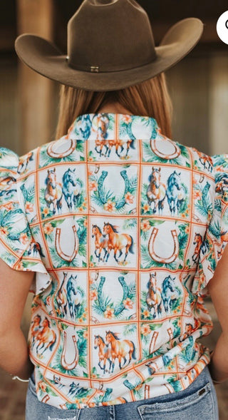 Wild Horses Patchwork Western Blouse – Ruffle Sleeve Cowgirl Top-Plus Size Too! - Barbwire n Bougie Boutique