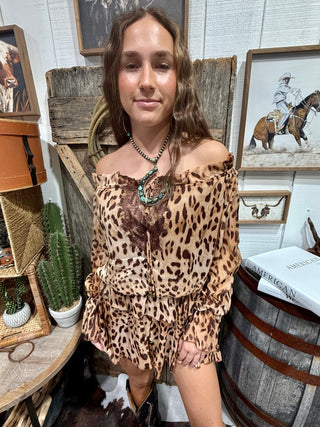 Wild Side Leopard Print Off Shoulder Romper - Barbwire n Bougie Boutique