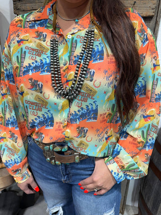 Wild West Cowgirl Club Collage Retro Print Button Down Top - Barbwire n Bougie Boutique