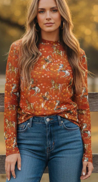 Wild West Cowgirl Mesh Top | Western Horse Print Long Sleeve Top - Barbwire n Bougie Boutique