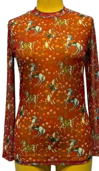 Wild West Cowgirl Mesh Top | Western Horse Print Long Sleeve Top - Barbwire n Bougie Boutique