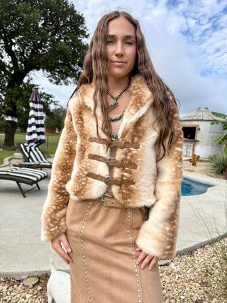 Wild West Deer Print Faux Fur Buckle Jacket - Barbwire n Bougie Boutique