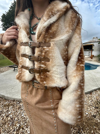 Wild West Deer Print Faux Fur Buckle Jacket - Barbwire n Bougie Boutique
