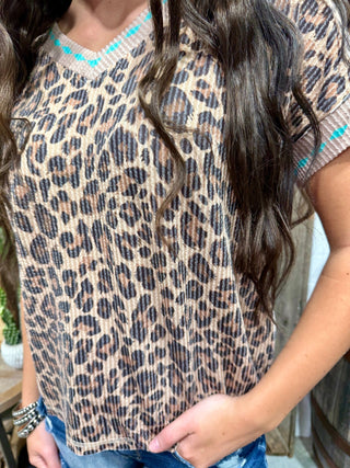 Wild West Leopard Top | Turquoise Trim Western Boutique Tee - Barbwire n Bougie Boutique