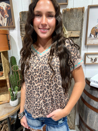 Wild West Leopard Top | Turquoise Trim Western Boutique Tee - Barbwire n Bougie Boutique