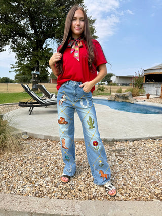 Wild West Rodeo Embroidered Wide Leg Jeans - Barbwire n Bougie Boutique