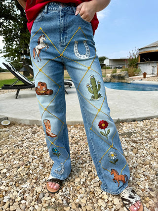 Wild West Rodeo Embroidered Wide Leg Jeans - Barbwire n Bougie Boutique