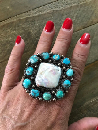 Wildflower Kingman Turquoise & Mother of Pearl Statement Ring - Barbwire n Bougie Boutique