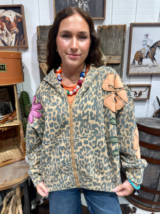 Wildflower Rebel Leopard Flower Appliqué Zip-Up Hoodie - Barbwire n Bougie Boutique
