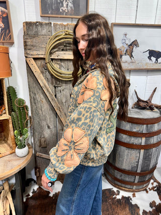 Wildflower Rebel Leopard Flower Appliqué Zip-Up Hoodie - Barbwire n Bougie Boutique