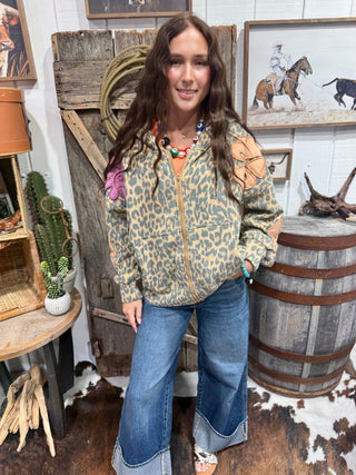 Wildflower Rebel Leopard Flower Appliqué Zip-Up Hoodie - Barbwire n Bougie Boutique