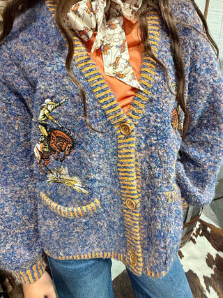 Women’s Bucking Horse Embroidered Fuzzy Knit Cardigan | Western Button Front Sweater - Barbwire n Bougie Boutique