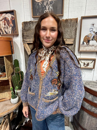 Women’s Bucking Horse Embroidered Fuzzy Knit Cardigan | Western Button Front Sweater - Barbwire n Bougie Boutique