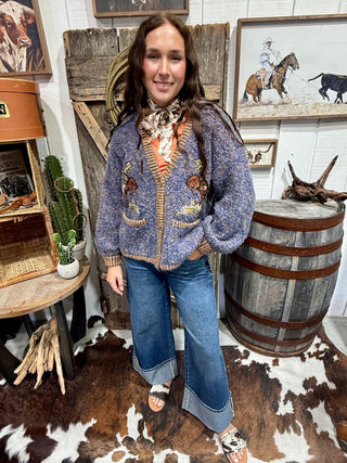 Women’s Bucking Horse Embroidered Fuzzy Knit Cardigan | Western Button Front Sweater - Barbwire n Bougie Boutique