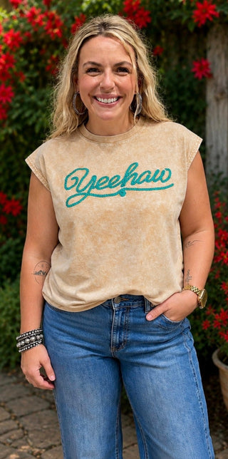 Yeehaw Sleeveless Mom Crop Tank – Mineral Wash Western Muscle Tee - Barbwire n Bougie Boutique