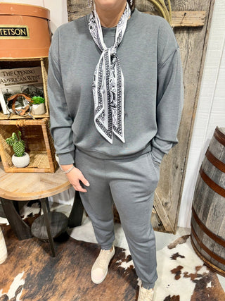 Zenana Charcoal Gray Scuba Crewneck Pullover & Jogger Set -Chic Matching Loungewear - Barbwire n Bougie Boutique
