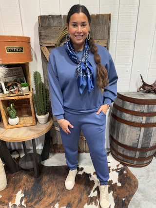 Zenana Misty Blue Scuba Crewneck Pullover & Jogger Set -Chic Matching Loungewear - Barbwire n Bougie Boutique