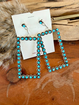 Zuni Made Sterling Silver Turquoise Statement Rectangle Earrings - Barbwire n Bougie Boutique